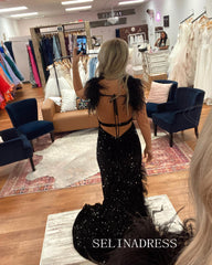 Chic Mermaid V neck Long Prom Dresses Elegant Black Sequins Formal Evening Gowns CRN033|Selinadress