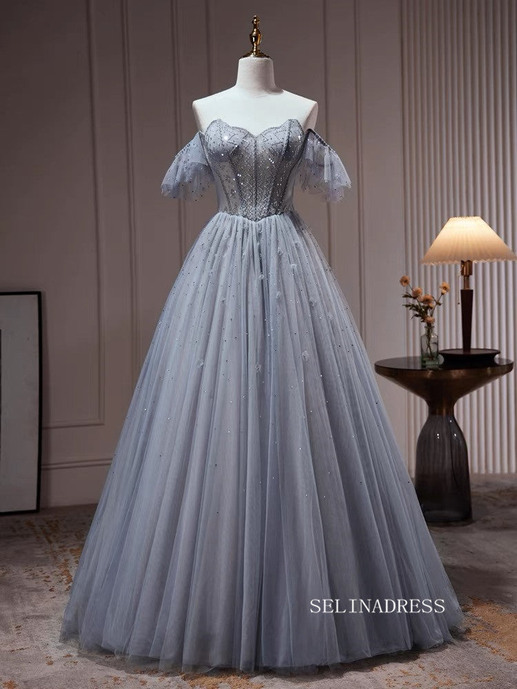 Chic Off-the-shoulder Sparkly Long Prom Dresses Beaded Evening Dress #TK159|Selinadress