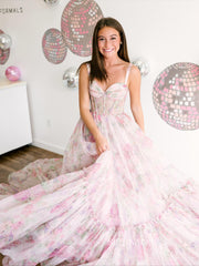 Chic Pink A-line Long Prom Dresses Elegant Floral Evening Gowns SEA033|Selinadress