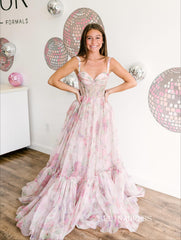 Chic Pink A-line Long Prom Dresses Elegant Floral Evening Gowns SEA033|Selinadress