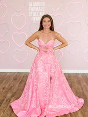 Chic Pink Sweetheart Long Prom Dresses With Flower Elegant Evening Gowns SEA032|Selinadress
