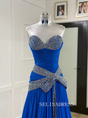 Chic Royal Blue Long Prom Dresses With Rhinestone Elegant Formal Evening Gowns SEA028|Selinadress