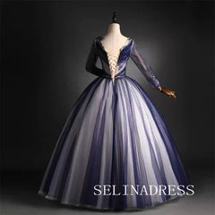 Chic Scoop Navy Ball Gown Prom Dress With Long Sleeve Beaded Evening Dress #ann210|Selinadress