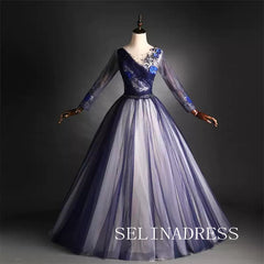 Chic Scoop Navy Ball Gown Prom Dress With Long Sleeve Beaded Evening Dress #ann210|Selinadress