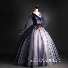 Chic Scoop Navy Ball Gown Prom Dress With Long Sleeve Beaded Evening Dress #ann210|Selinadress