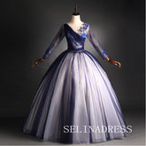 Chic Scoop Navy Ball Gown Prom Dress With Long Sleeve Beaded Evening Dress #ann210|Selinadress