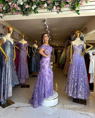 Chic Sheath/Column Off-the-shoulder Lavender Long Prom Dresses Elegant 3D Flower Evening Dress sew03346|Selinadress