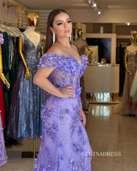 Chic Sheath/Column Off-the-shoulder Lavender Long Prom Dresses Elegant 3D Flower Evening Dress sew03346|Selinadress