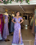 Chic Sheath/Column Off-the-shoulder Lavender Long Prom Dresses Elegant 3D Flower Evening Dress sew03346|Selinadress