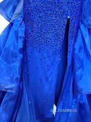 Chic Sheath/Column One Shoulder Long Prom Dresses Elegant Royal Blue Beaded Evening Dress LPK095|Selinadress