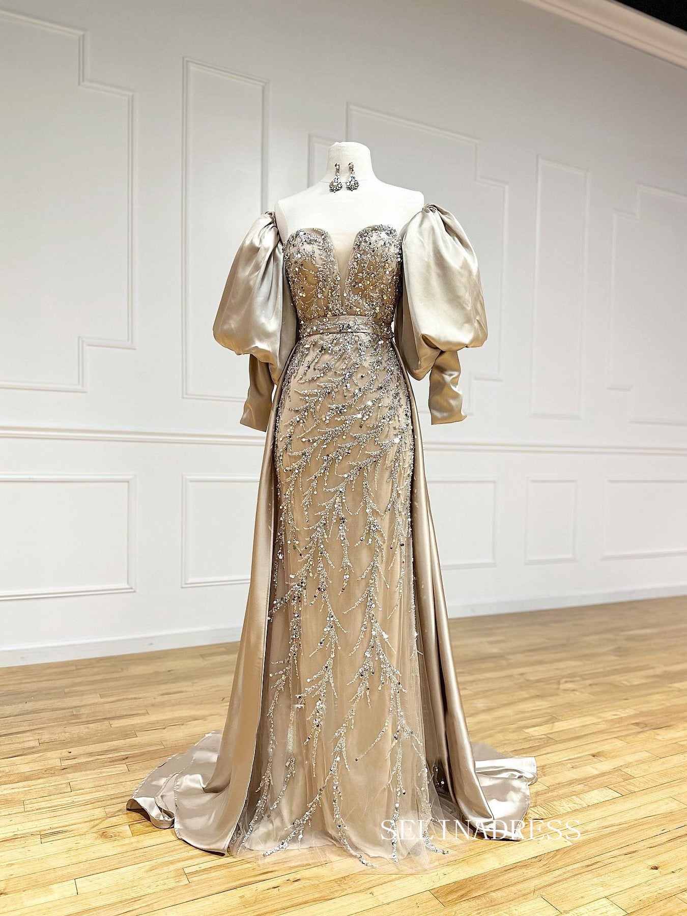 Chic Sheath/Column Removable Sleeves Long Prom Dresses Elegant Beaded Evening Dress LPK105|Selinadress