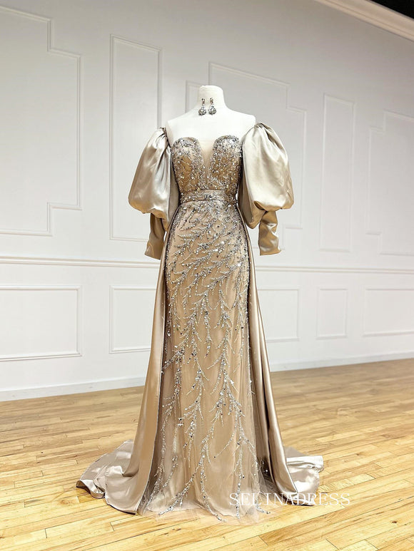 Chic Sheath/Column Removable Sleeves Long Prom Dresses Elegant Beaded Evening Dress LPK105|Selinadress