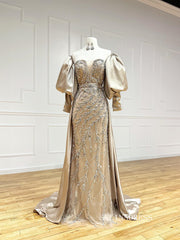 Chic Sheath/Column Removable Sleeves Long Prom Dresses Elegant Beaded Evening Dress LPK105|Selinadress