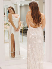 Chic Sheath/Column Spaghetti Straps Long Prom Dresses Elegant Sequins Evening Dress lpk121|Selinadress