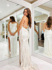 Chic Sheath/Column Spaghetti Straps Long Prom Dresses Elegant Sequins Evening Dress lpk121|Selinadress