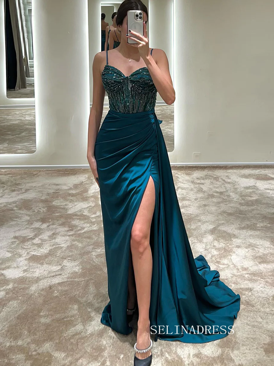 Chic Sheath/Column Spaghetti Straps Long Prom Dresses Elegantt High Split Beaded Evening Dress sew0215|Selinadress