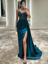 Chic Sheath/Column Spaghetti Straps Long Prom Dresses Elegantt High Split Beaded Evening Dress sew0215|Selinadress