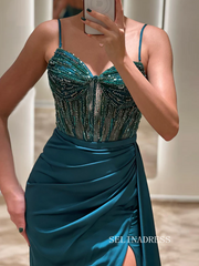 Chic Sheath/Column Spaghetti Straps Long Prom Dresses Elegantt High Split Beaded Evening Dress sew0215|Selinadress