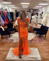 Chic Sheath/Column Straps Long Prom Dresses Elegant Orange Sequins Evening Gowns CRN034|Selinadress