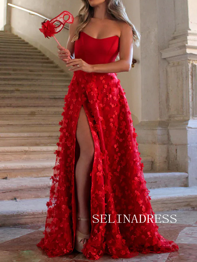 Chic Spaghetti Straps 3D Flower Long Prom Dresses Pink Beautiful Evening Dress TKH025|Selinadress