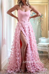 Chic Spaghetti Straps 3D Flower Long Prom Dresses Pink Beautiful Evening Dress TKH025|Selinadress