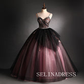 Chic Spaghetti Straps Black Ball Gown Prom Dress Beaded Evening Dress #ann211|Selinadress