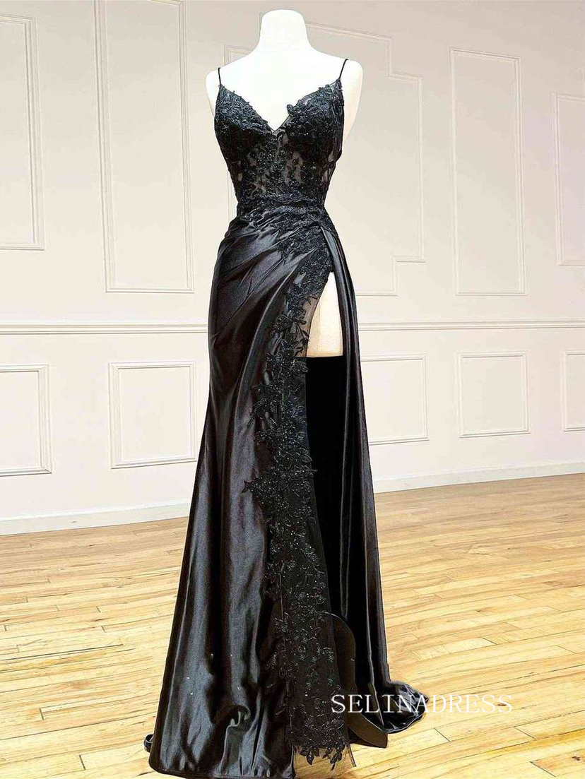 Chic Spaghetti Straps Black Long Prom Dresses Gorgeous Lace Evening Dress sew0305|Selinadress