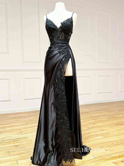 Chic Spaghetti Straps Black Long Prom Dresses Gorgeous Lace Evening Dress sew0305|Selinadress