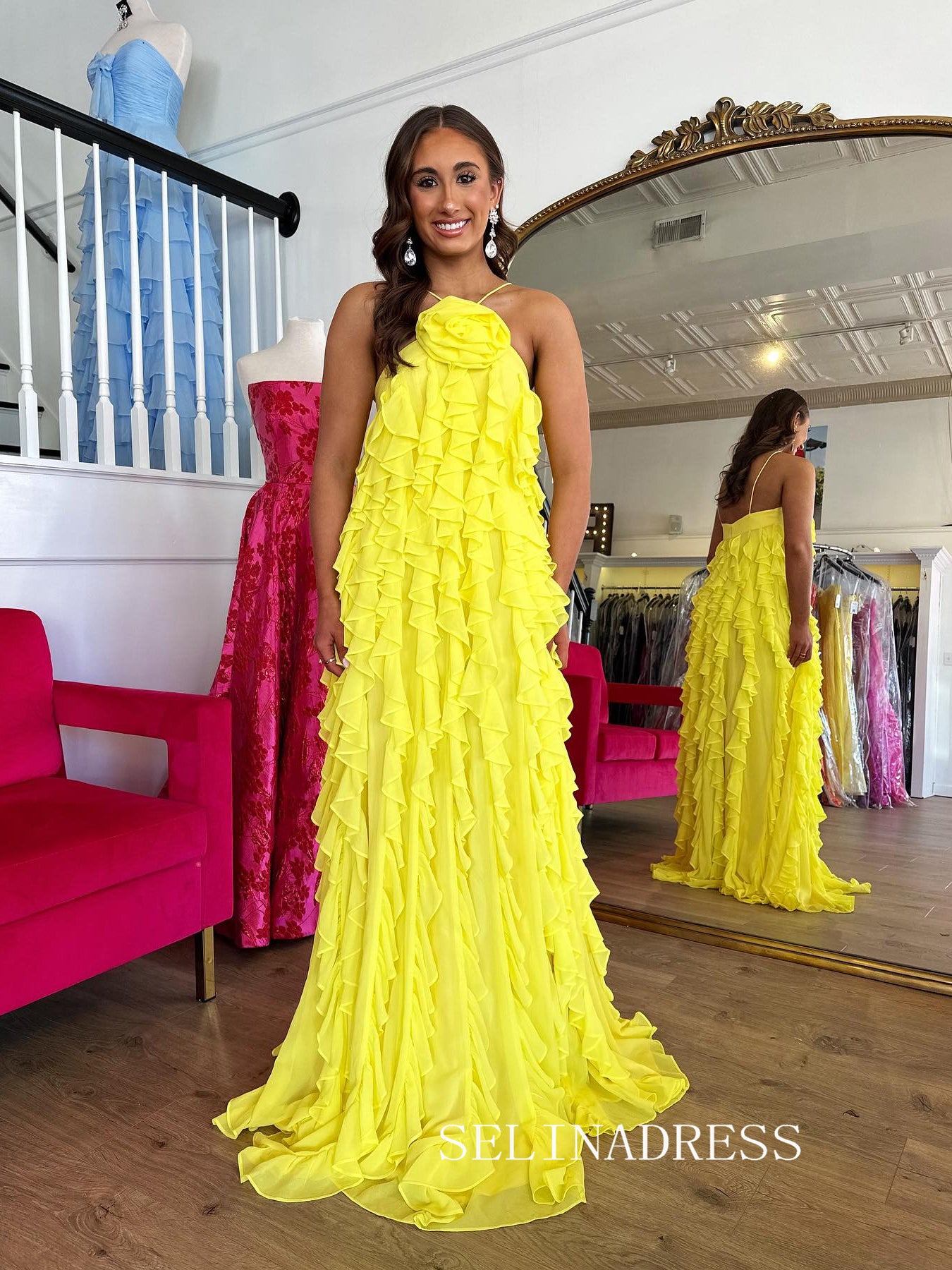 Chic Spaghetti Straps Lemon Yellow Prom Dresses With Ruffles Elegant Long Formal Gowns SEA002|Selinadress