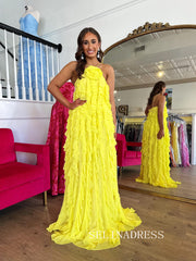 Chic Spaghetti Straps Lemon Yellow Prom Dresses With Ruffles Elegant Long Formal Gowns SEA002|Selinadress