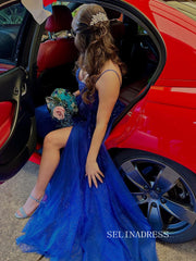 Chic Spaghetti Straps Royal Blue Long Prom Dresses Elegant Beaded Evening Dress SEW0195|Selinadress