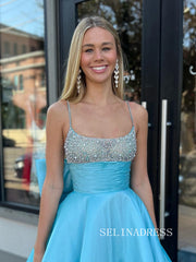 Chic Spaghetti Straps Sky Blue Long Prom Dresses Beaded Evening Dress #TKL200
