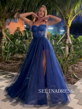 Chic Spaghetti Straps Unique Long Prom Dresses Royal Blue Formal Dresses TKH018|Selinadress