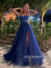 Chic Spaghetti Straps Unique Long Prom Dresses Royal Blue Formal Dresses TKH018|Selinadress