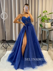 Chic Spaghetti Straps Unique Long Prom Dresses Royal Blue Formal Dresses TKH018|Selinadress