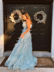 Chic Strapless Long Prom Dresses With Feather Elegant Light Sky Blue Evening Dress LPK094|Selinadress