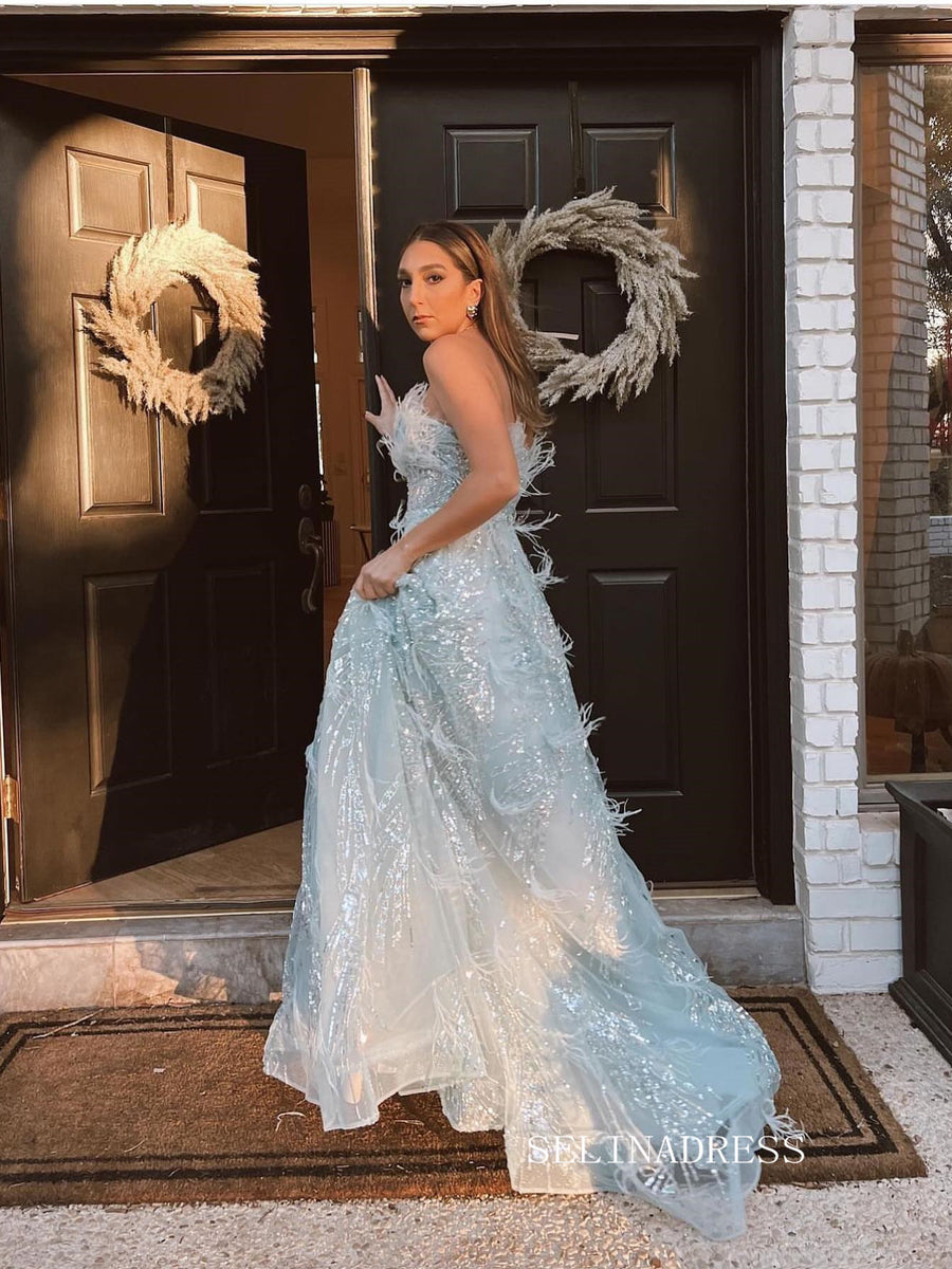 Light Sky Blue Long Prom Dress Evening Party Dresses With Scarf main image 1