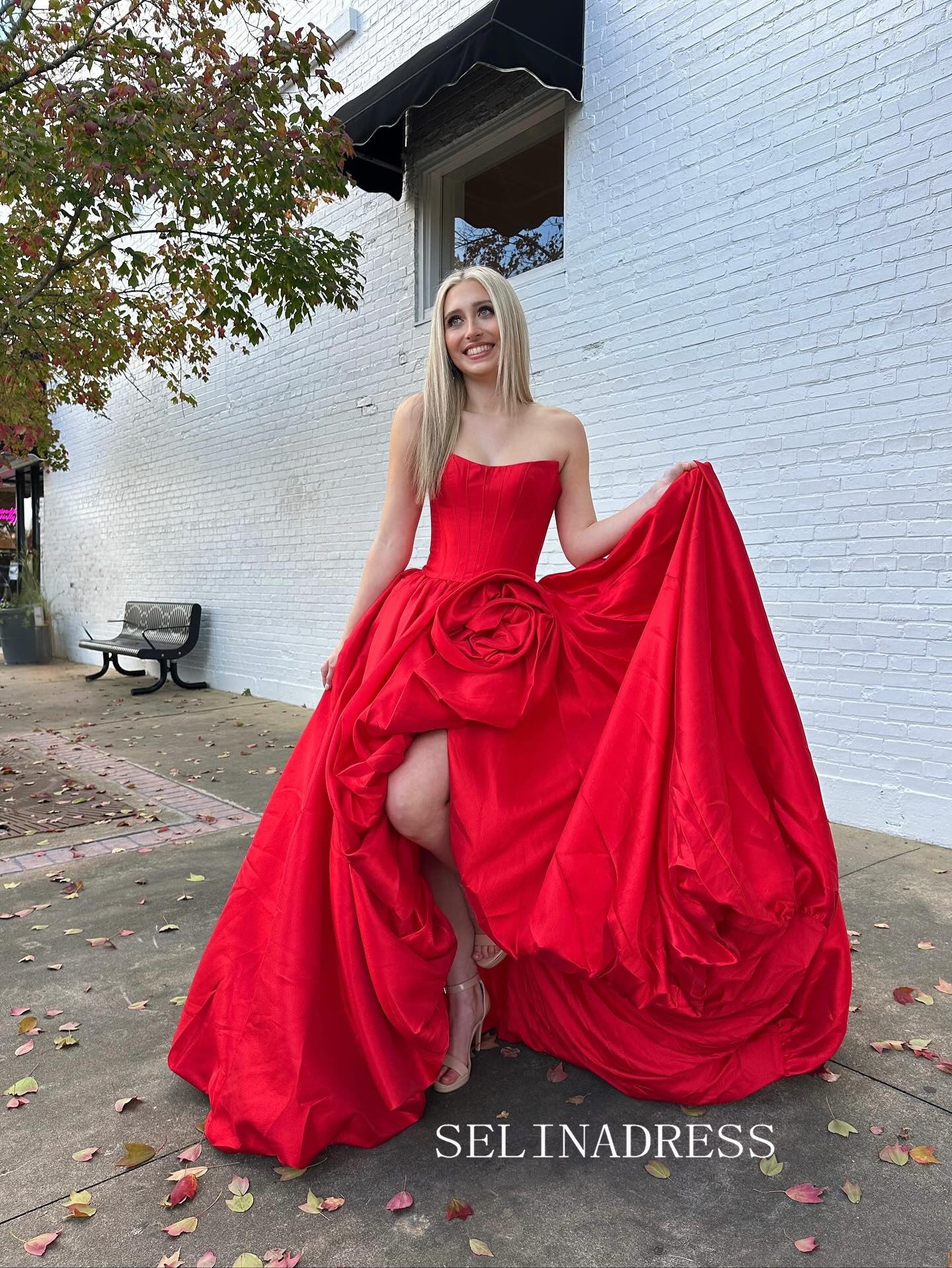 Chic Strapless Red Prom Dresses With Split Elegant Long Formal Evening Gowns SEA001|Selinadress