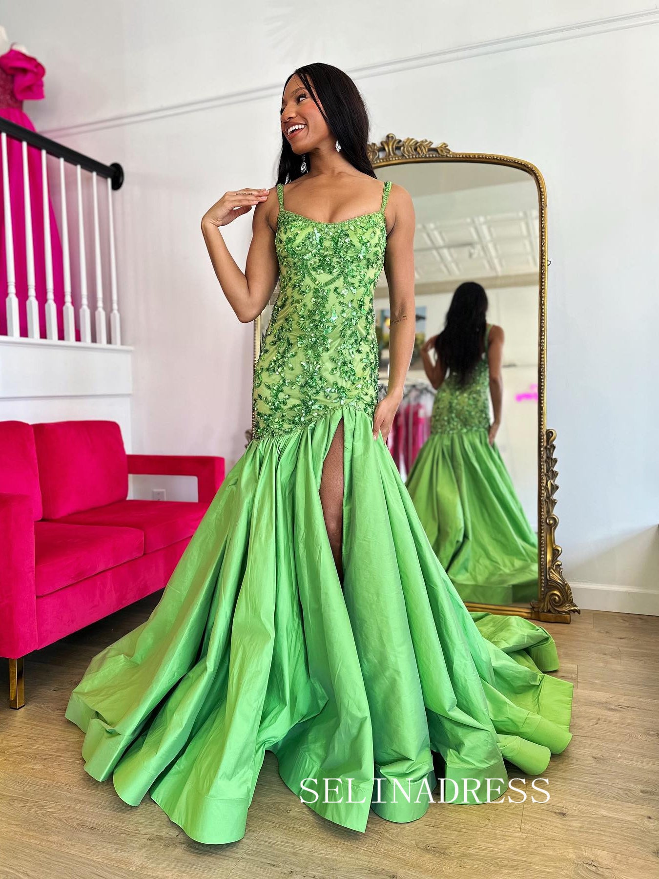 Chic Straps Green Prom Dresses With Beaded Elegant Long Formal Gowns SEA005|Selinadress