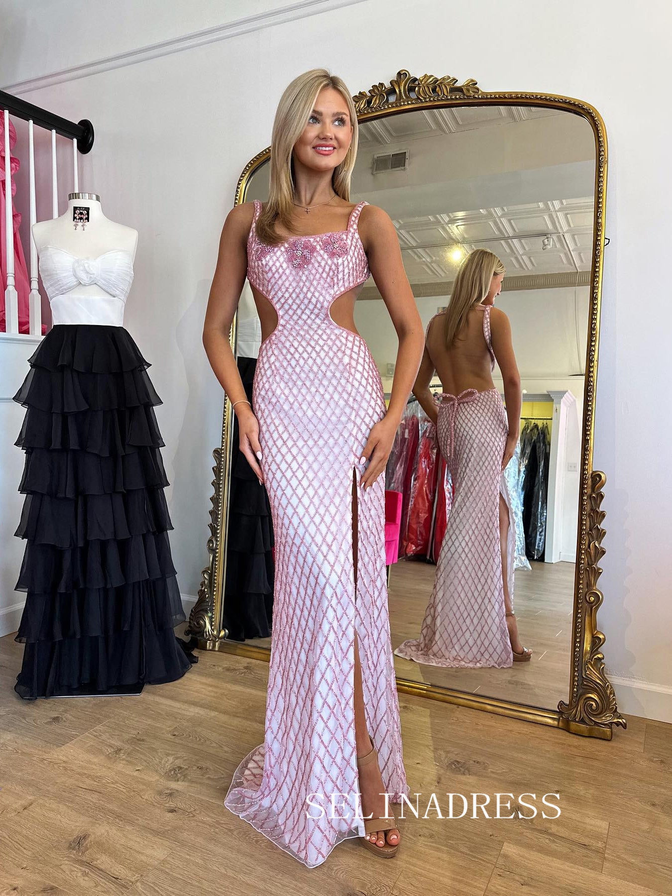 Chic Straps Pink Prom Dresses With Beaded Elegant Long Formal Gowns SEA004|Selinadress