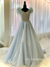 Chic V neck Dusty Blue Long Prom Dresses Beaded and Feather Long Evening Dress #TKL202|Selinadress