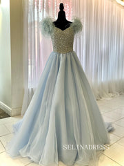 Chic V neck Dusty Blue Long Prom Dresses Beaded and Feather Long Evening Dress #TKL202|Selinadress