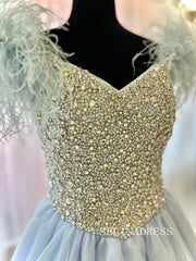 Chic V neck Dusty Blue Long Prom Dresses Beaded and Feather Long Evening Dress #TKL202|Selinadress