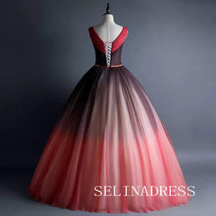 Chic V neck neck Ball Gown Prom Dress With Beaded Ombre Tulle Princess Dress Evening Dress #ann208|Selinadress