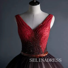 Chic V neck neck Ball Gown Prom Dress With Beaded Ombre Tulle Princess Dress Evening Dress #ann208|Selinadress