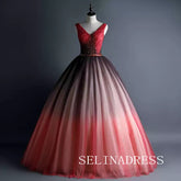 Chic V neck neck Ball Gown Prom Dress With Beaded Ombre Tulle Princess Dress Evening Dress #ann208|Selinadress
