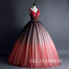 Chic V neck neck Ball Gown Prom Dress With Beaded Ombre Tulle Princess Dress Evening Dress #ann208|Selinadress