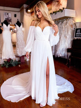 Chiffon A-line Cheap White Wedding Dress With Long Sleeve EWR402|Selinadress