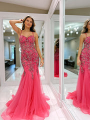 Chic Elegant Mermaid Long Prom Dresses Gorgeous Pink Beaded Evening Dress lpk116|Selinadress