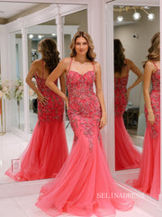 Chic Elegant Mermaid Long Prom Dresses Gorgeous Pink Beaded Evening Dress lpk116|Selinadress